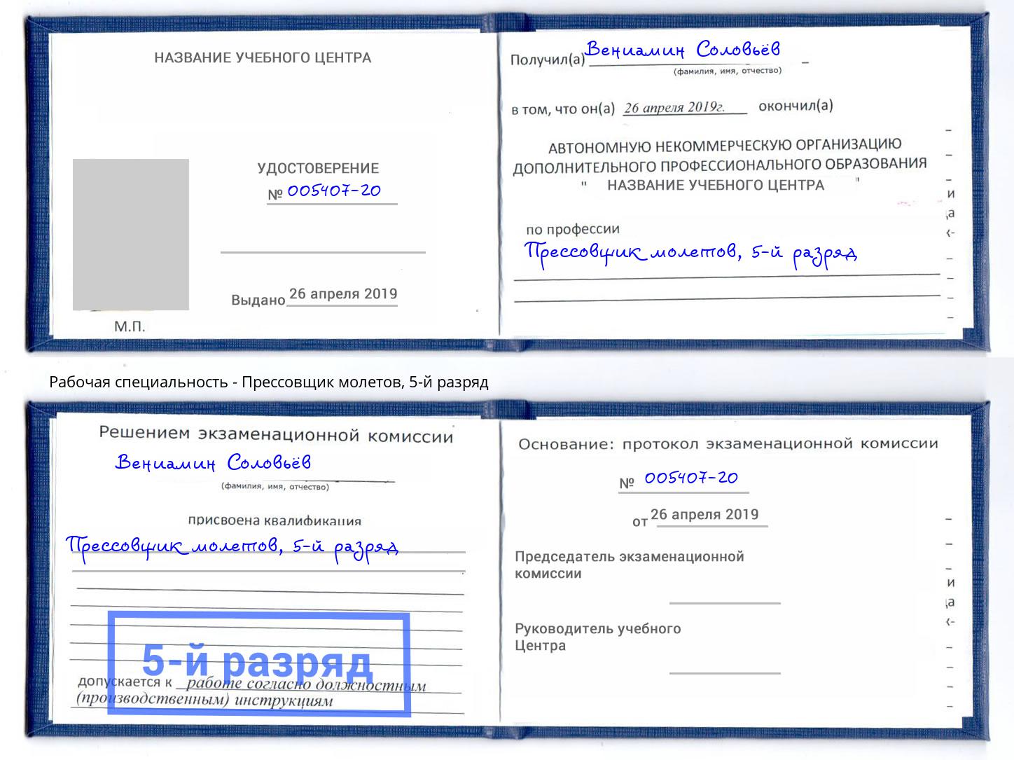 корочка 5-й разряд Прессовщик молетов Сертолово