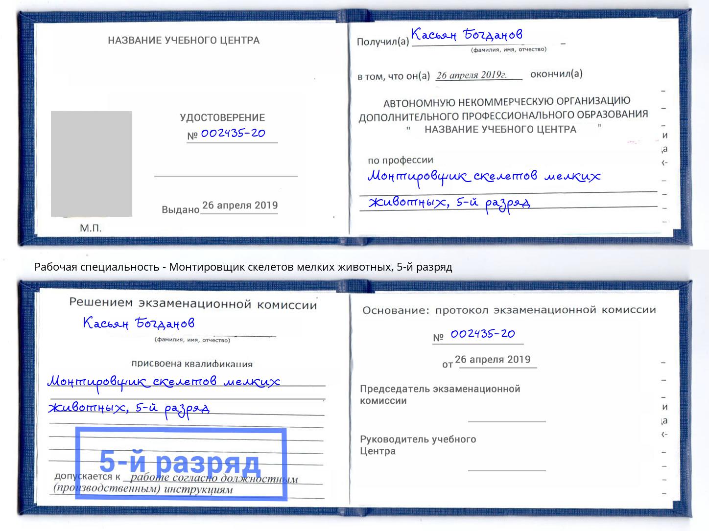 корочка 5-й разряд Монтировщик скелетов мелких животных Сертолово